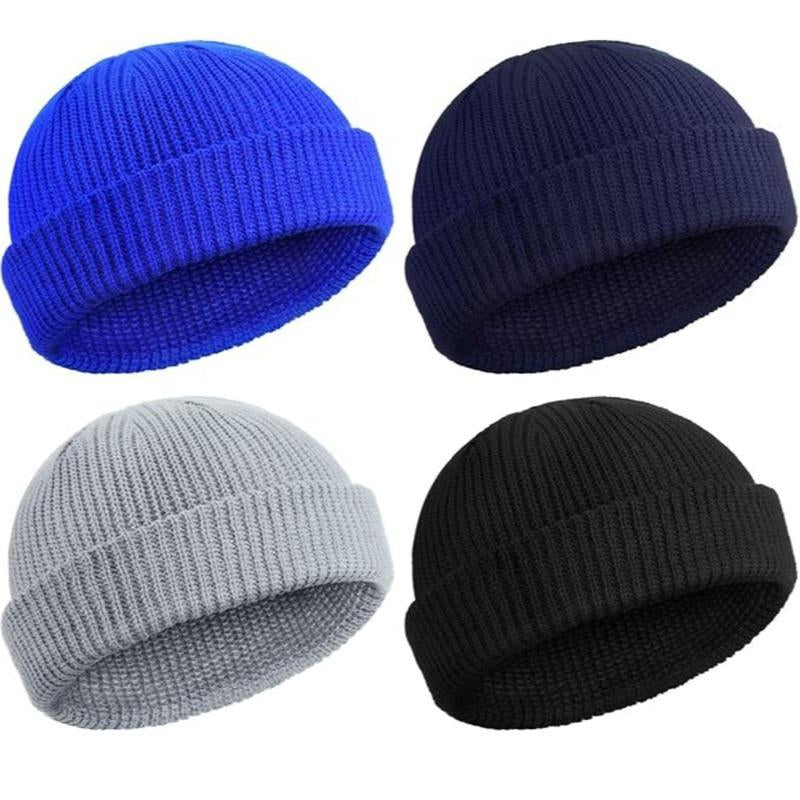 2 or 4 Piece Fisherman Beanie for Men Hat Short Knit Cuff Beaniess Trawler Beanie Watch Hat Roll up Edge Skullcap Unisex