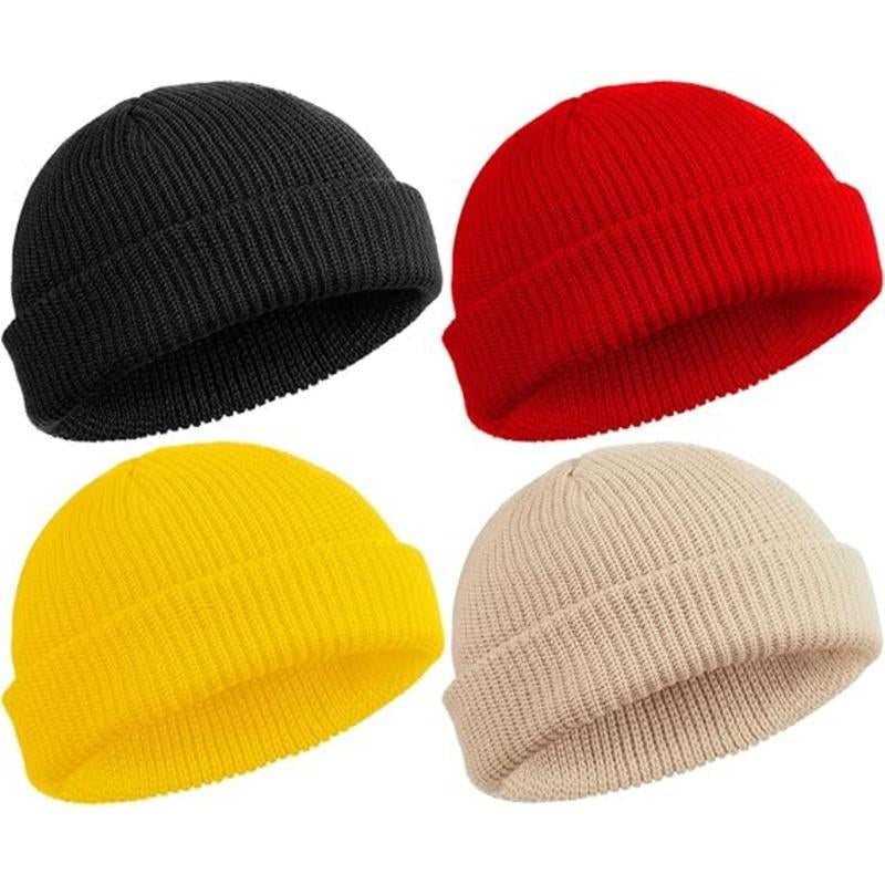 2 or 4 Piece Fisherman Beanie for Men Hat Short Knit Cuff Beaniess Trawler Beanie Watch Hat Roll up Edge Skullcap Unisex