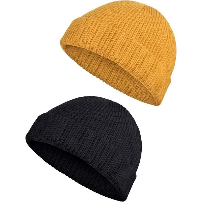 2 or 4 Piece Fisherman Beanie for Men Hat Short Knit Cuff Beaniess Trawler Beanie Watch Hat Roll up Edge Skullcap Unisex
