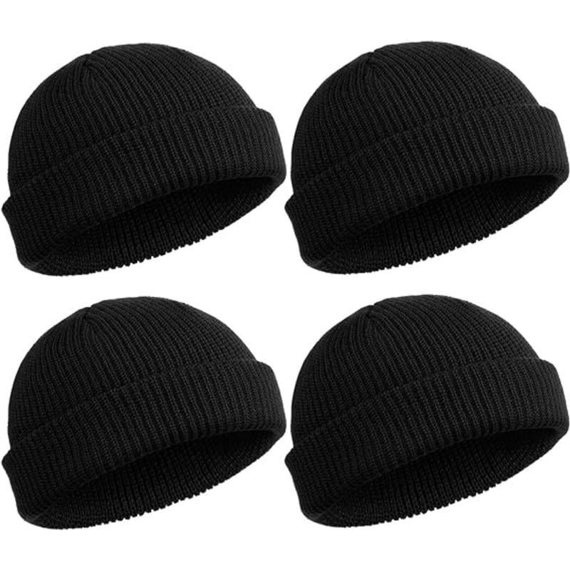 2 or 4 Piece Fisherman Beanie for Men Hat Short Knit Cuff Beaniess Trawler Beanie Watch Hat Roll up Edge Skullcap Unisex